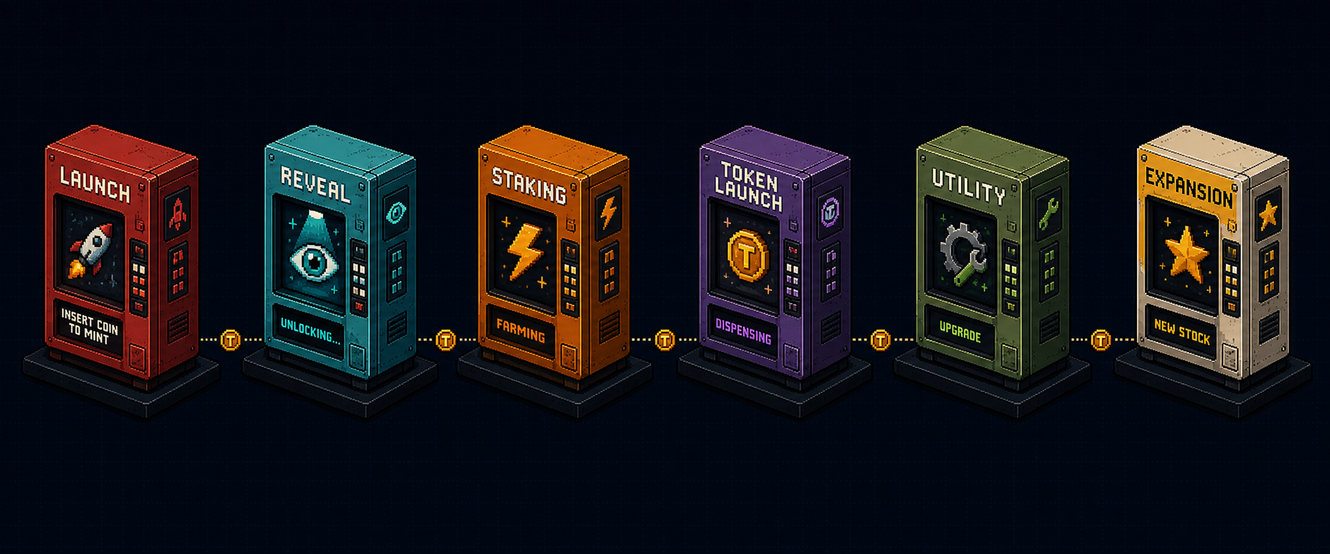 Robinchines roadmap artwork: six vending machines labeled Launch, Reveal, Staking, Token Launch, Utility, Expansion, connected by a dotted coin trail